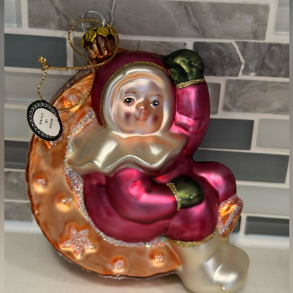 Snow Child in Moon Glass Christmas Ornament with Stars by brn